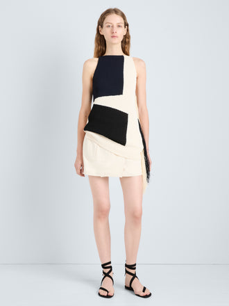 Proenza Schouler Front full length image of model wearing Saskia Top in Textured Fringe Intarsia in Sand Multi