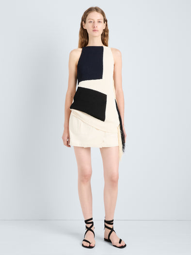 Proenza Schouler Front full length image of model wearing Saskia Top in Textured Fringe Intarsia in Sand Multi