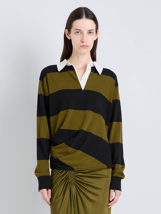 Proenza Schouler Front cropped image of model wearing Corinna Top in Cotton Stripe in Black Multi