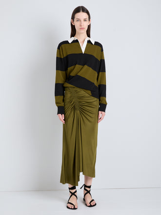 Proenza Schouler Front full length image of model wearing Corinna Top in Cotton Stripe in Black Multi