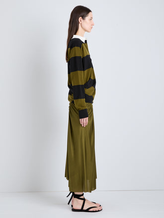 Proenza Schouler Side full length image of model wearing Corinna Top in Cotton Stripe in Black Multi