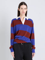Proenza Schouler Front cropped image of model wearing Corinna Top in Cotton Stripe in Sapphire Multi