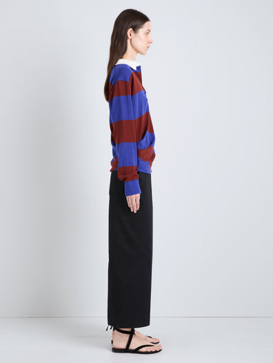Proenza Schouler Side full length image of model wearing Corinna Top in Cotton Stripe in Sapphire Multi