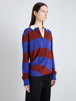 Proenza Schouler Detail image of model wearing Corinna Top in Cotton Stripe in Sapphire Multi