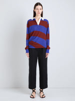 Proenza Schouler Front full length image of model wearing Corinna Top in Cotton Stripe in Sapphire Multi
