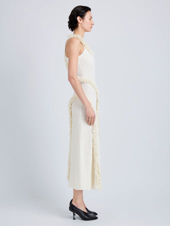 Proenza Schouler Side full length image of model wearing Nilo Dress in Textured Jacquard in Off White
