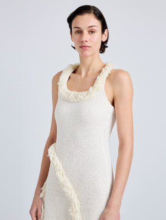 Proenza Schouler Front detail image of model wearing Nilo Dress in Textured Jacquard in Off White