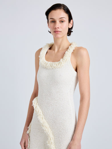 Proenza Schouler Front detail image of model wearing Nilo Dress in Textured Jacquard in Off White