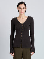 Proenza Schouler Front cropped image of model wearing Valeria Top in Transitional Cashmere in Espresso