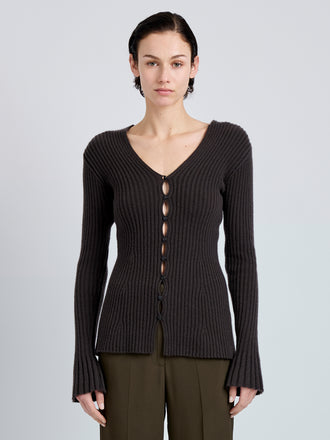 Proenza Schouler Front cropped image of model wearing Valeria Top in Transitional Cashmere in Espresso