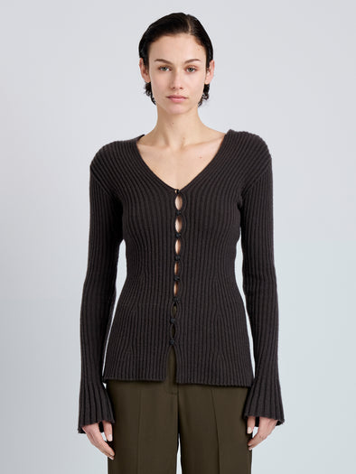 Proenza Schouler Front cropped image of model wearing Valeria Top in Transitional Cashmere in Espresso