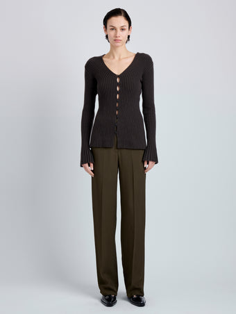 Proenza Schouler Front full length image of model wearing Valeria Top in Transitional Cashmere in Espresso