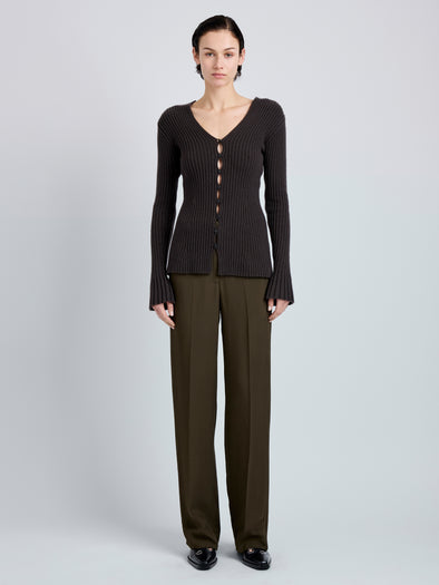 Proenza Schouler Front full length image of model wearing Valeria Top in Transitional Cashmere in Espresso