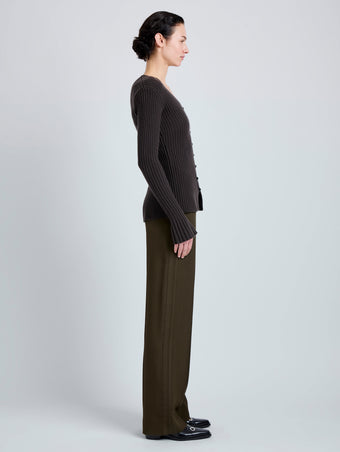 Proenza Schouler Side full length image of model wearing Valeria Top in Transitional Cashmere in Espresso