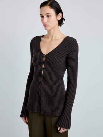 Proenza Schouler Detail image of model wearing Valeria Top in Transitional Cashmere in Espresso