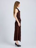 Proenza Schouler Side full length image of model wearing Nilo Dress in Textured Jacquard in Black Copper