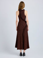 Proenza Schouler Back full length image of model wearing Nilo Dress in Textured Jacquard in Black Copper