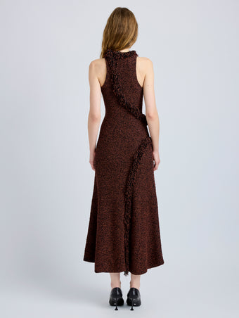 Proenza Schouler Back full length image of model wearing Nilo Dress in Textured Jacquard in Black Copper