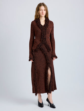 Proenza Schouler Front full length image of model wearing Nilo Dress in Textured Jacquard in Black Copper