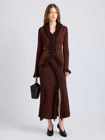 Proenza Schouler Front full length image of model wearing Nilo Top in Textured Jacquard in Black Copper