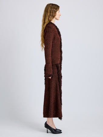 Proenza Schouler Side full length image of model wearing Nilo Top in Textured Jacquard in Black Copper