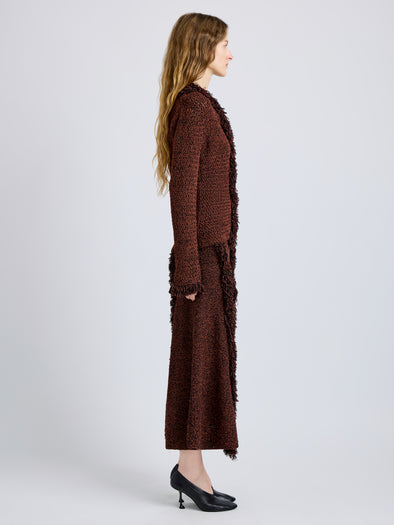 Proenza Schouler Side full length image of model wearing Nilo Top in Textured Jacquard in Black Copper