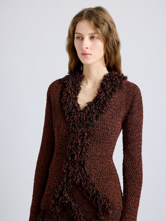 Proenza Schouler Detail image of model wearing Nilo Top in Textured Jacquard in Black Copper