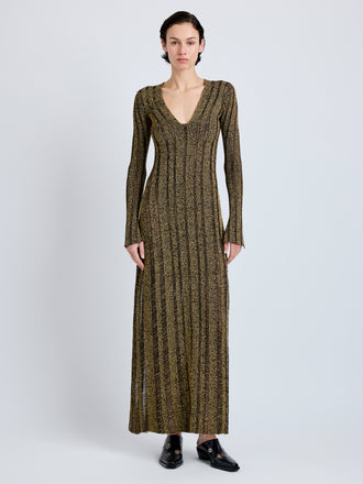Proenza Schouler Front full length image of model wearing Maelle Dress in Drop Needle Tweed in Black Multi