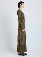 Proenza Schouler Side full length image of model wearing Maelle Dress in Drop Needle Tweed in Black Multi