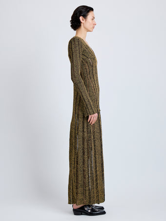 Proenza Schouler Side full length image of model wearing Maelle Dress in Drop Needle Tweed in Black Multi