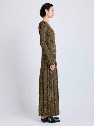 Proenza Schouler Side full length image of model wearing Maelle Dress in Drop Needle Tweed in Black Multi
