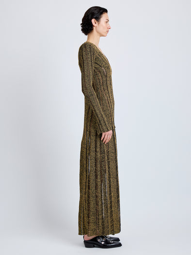 Proenza Schouler Side full length image of model wearing Maelle Dress in Drop Needle Tweed in Black Multi