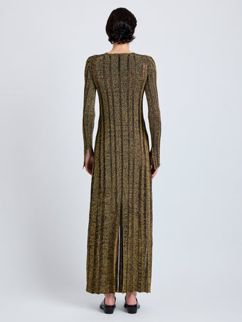 Proenza Schouler Back full length image of model wearing Maelle Dress in Drop Needle Tweed in Black Multi