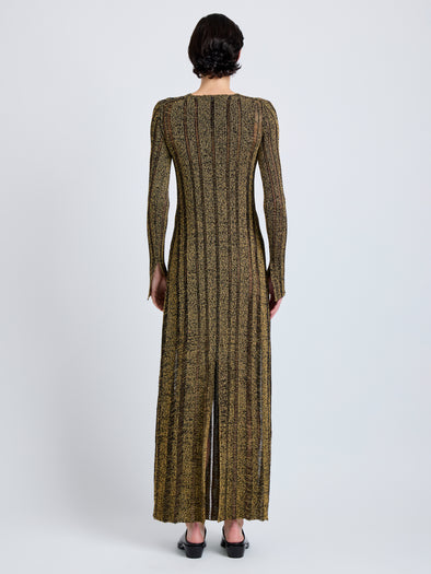 Proenza Schouler Back full length image of model wearing Maelle Dress in Drop Needle Tweed in Black Multi