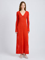 Proenza Schouler Front full length image of model wearing Maelle Dress in Drop Needle Tweed in Red Multi
