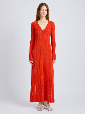 Proenza Schouler Front full length image of model wearing Maelle Dress in Drop Needle Tweed in Red Multi