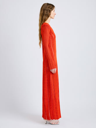 Proenza Schouler Side full length image of model wearing Maelle Dress in Drop Needle Tweed in Red Multi