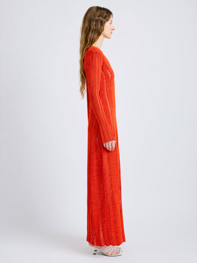 Proenza Schouler Side full length image of model wearing Maelle Dress in Drop Needle Tweed in Red Multi