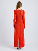 Proenza Schouler Back full length image of model wearing Maelle Dress in Drop Needle Tweed in Red Multi