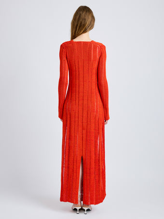 Proenza Schouler Back full length image of model wearing Maelle Dress in Drop Needle Tweed in Red Multi