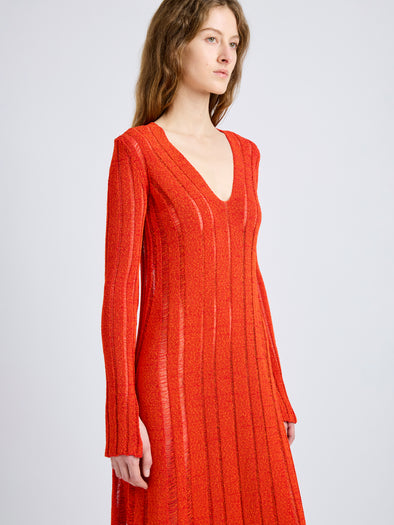 Proenza Schouler Detail image of model wearing Maelle Dress in Drop Needle Tweed in Red Multi