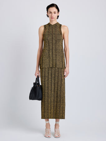 Proenza Schouler Front full length image of model wearing Maelle Skirt in Drop Needle Tweed in Black Multi