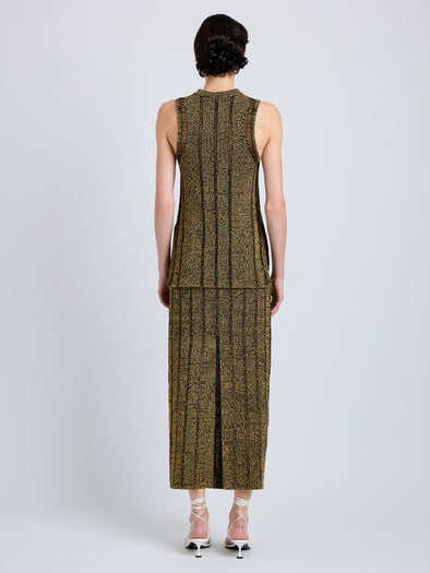 Proenza Schouler Back full length image of model wearing Maelle Skirt in Drop Needle Tweed in Black Multi