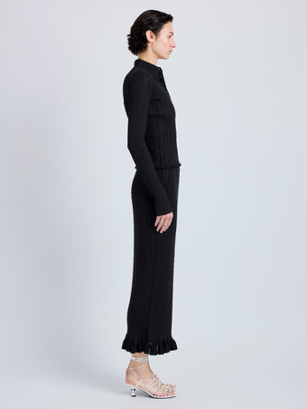 Proenza Schouler Side full length image of model wearing Monet Top in Fine Bobble Knit in Black