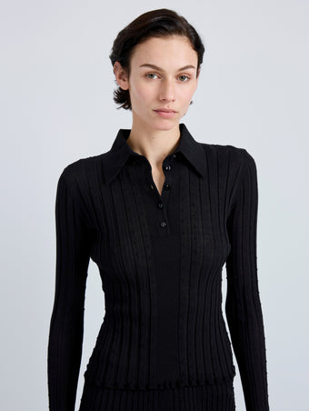 Proenza Schouler Detail image of model wearing Monet Top in Fine Bobble Knit in Black