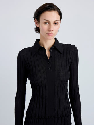 Proenza Schouler Detail image of model wearing Monet Top in Fine Bobble Knit in Black