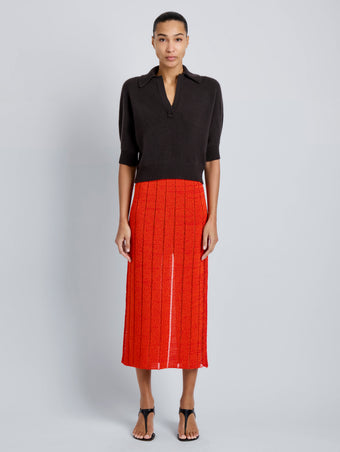 Proenza Schouler Front full length image of model wearing Vella Top in Transitional Cashmere in Espresso