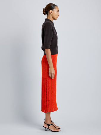 Proenza Schouler Side full length image of model wearing Vella Top in Transitional Cashmere in Espresso