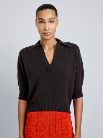 Proenza Schouler Detail image of model wearing Vella Top in Transitional Cashmere in Espresso