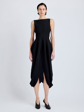 Proenza Schouler Front full length image of model wearing Sukki Dress in Draped Viscose in Black